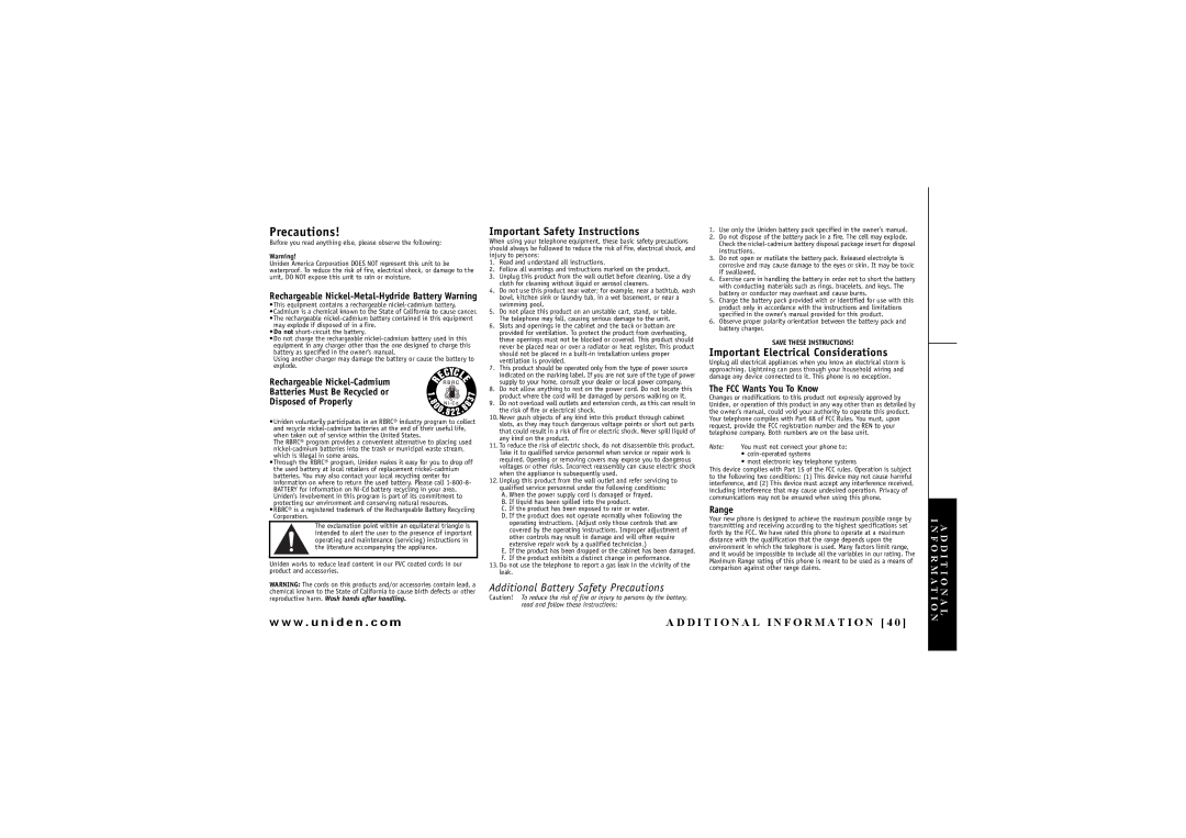 Uniden DXI 7284-2 Series manual Important Safety Instructions, Important Electrical Considerations 