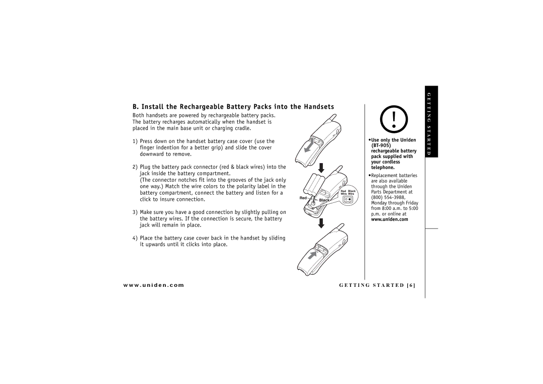 Uniden DXI 7284-2 Series manual Install the Rechargeable Battery Packs into the Handsets 