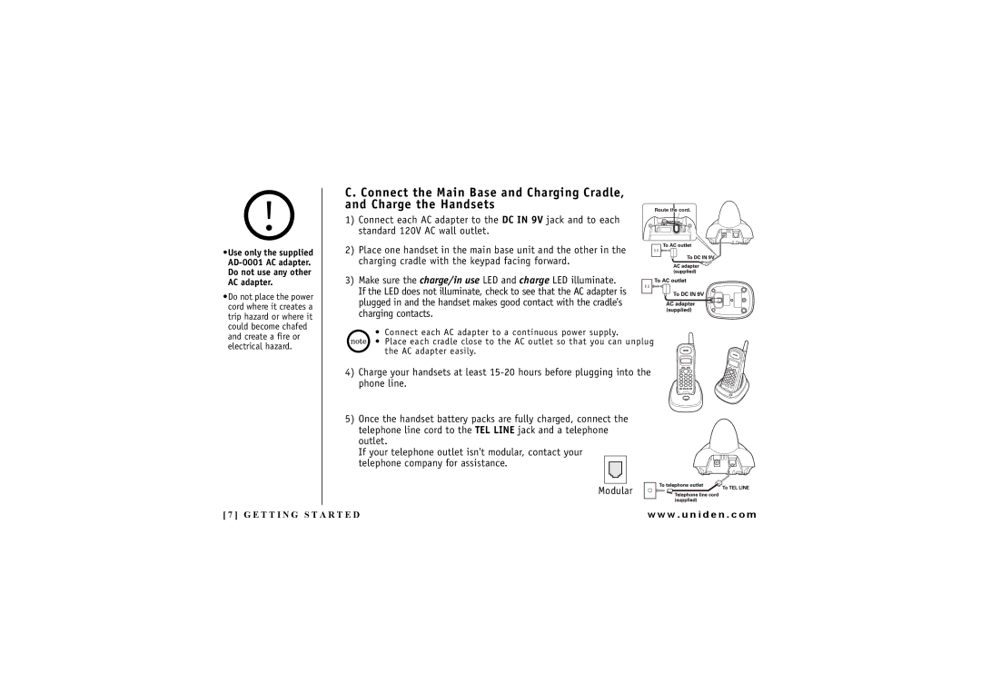 Uniden DXI 7284-2 Series manual AD-0001 AC adapter, Do not use any other 