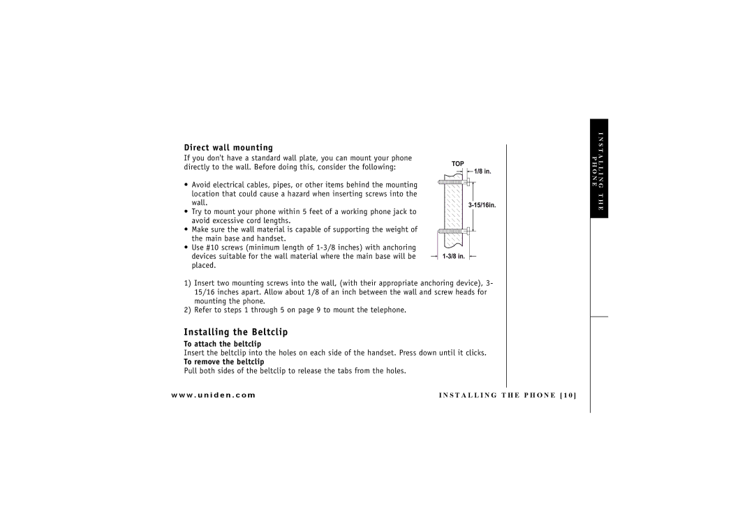 Uniden DXI4286-2 manual Installing the Beltclip, Direct wall mounting 