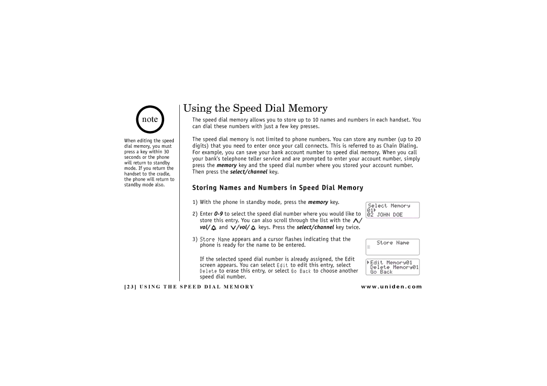 Uniden DXI4286-2 manual Using the Speed Dial Memory, Storing Names and Numbers in Speed Dial Memory 