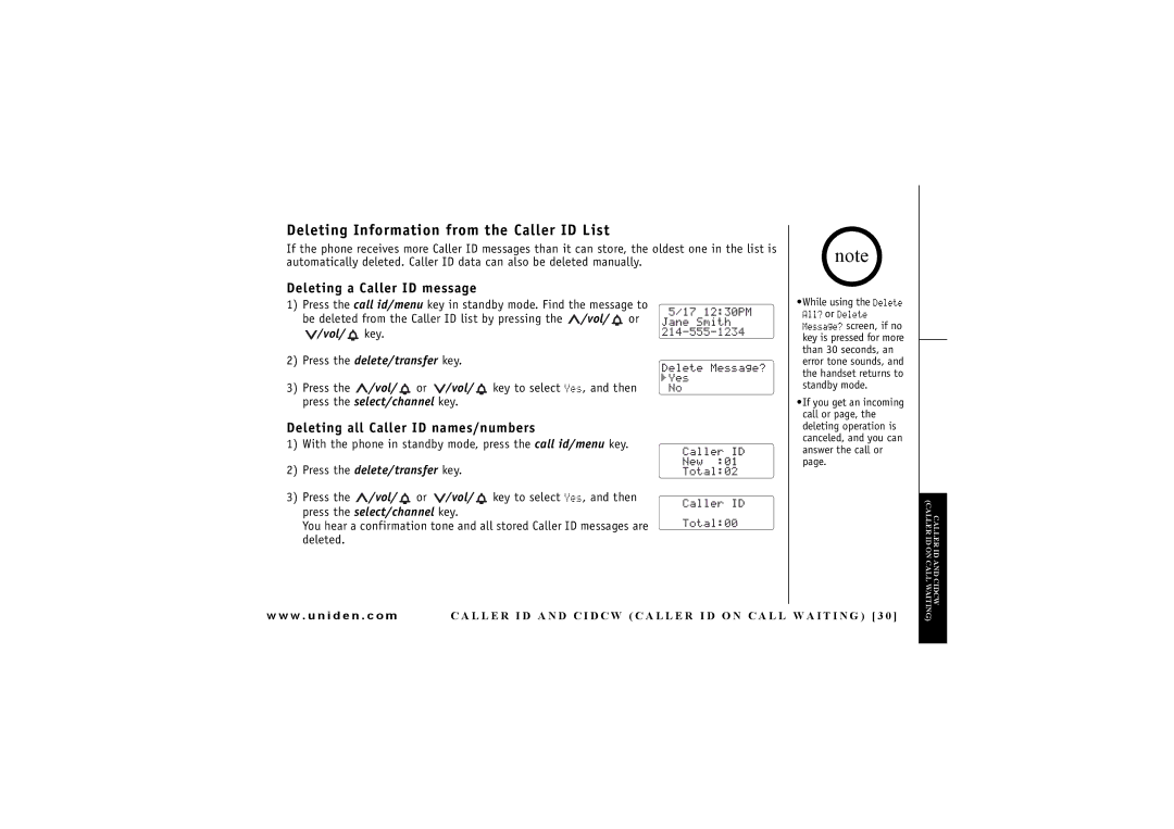 Uniden DXI4286-2 manual Deleting Information from the Caller ID List, Deleting a Caller ID message 