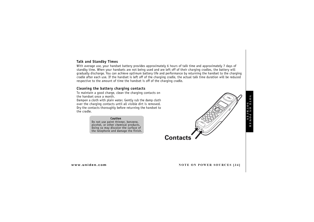 Uniden DXI4286-2 manual Talk and Standby Times, Cleaning the battery charging contacts 