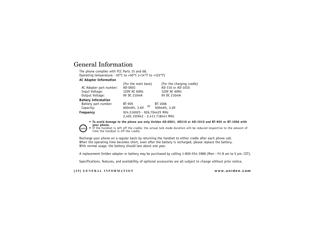 Uniden DXI4286-2 manual General Information, AC Adapter Information 