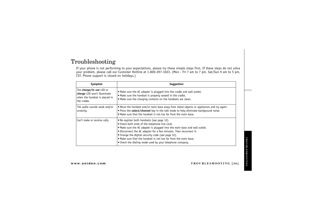 Uniden DXI4286-2 manual Troubleshooting, Charge/in use LED or 