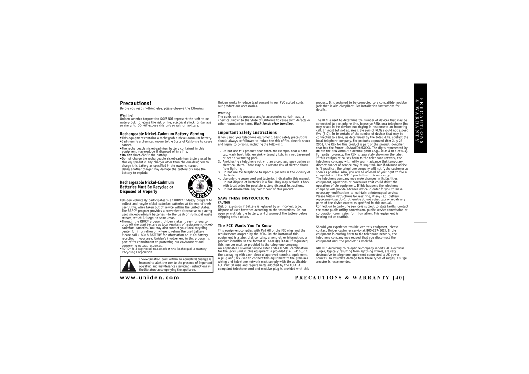 Uniden DXI4286-2 manual Precautions 