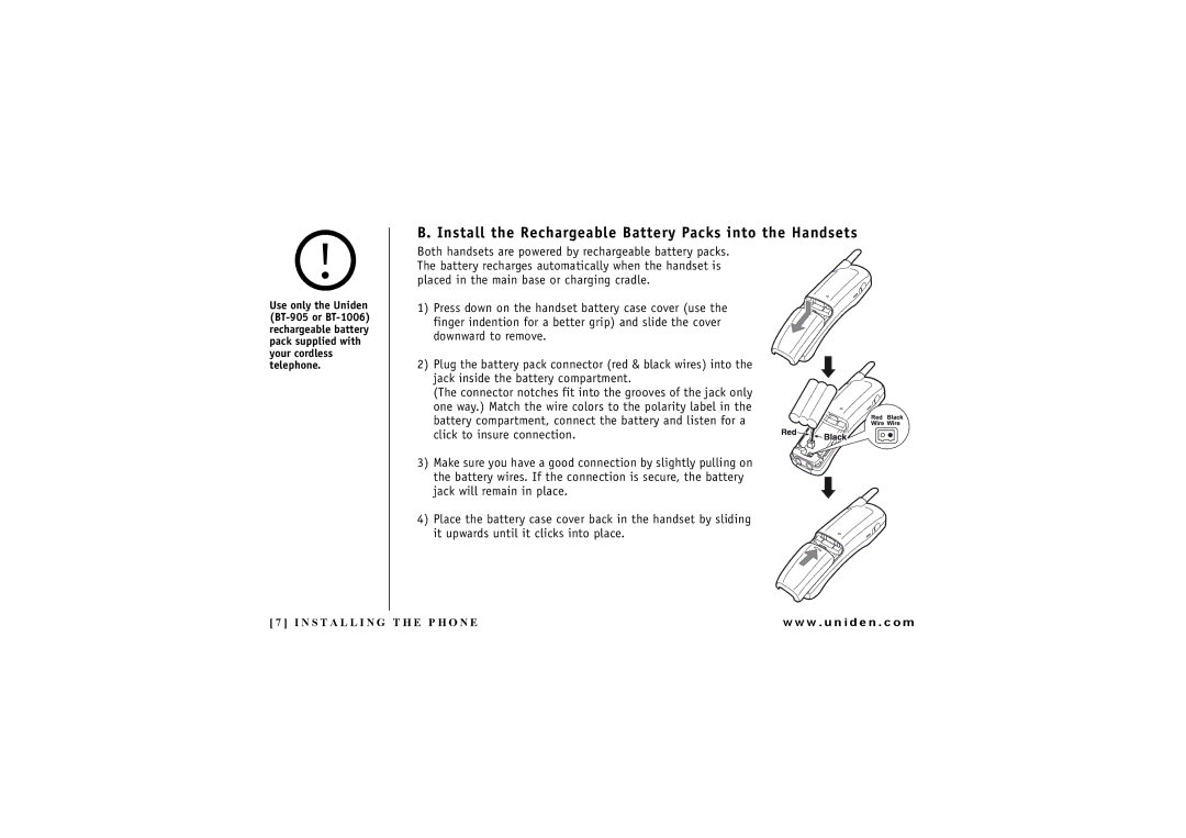 Uniden DXI4286-2 manual Install the Rechargeable Battery Packs into the Handsets 