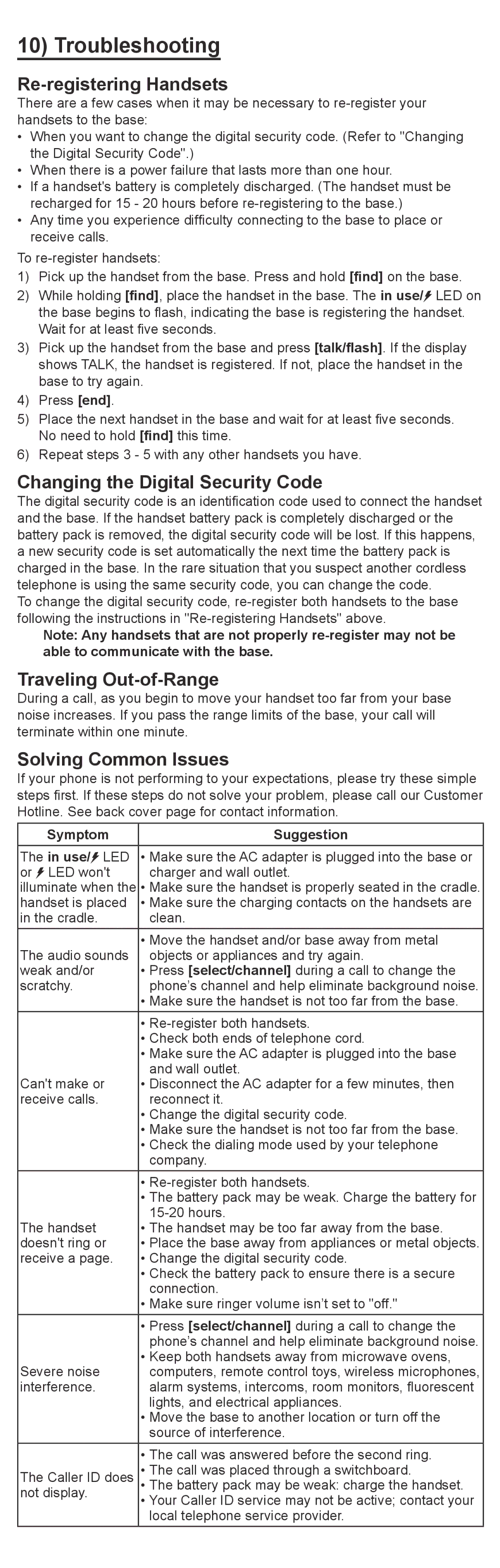 Uniden DXI4560 manual Troubleshooting, Re-registering Handsets, Changing the Digital Security Code, Traveling Out-of-Range 