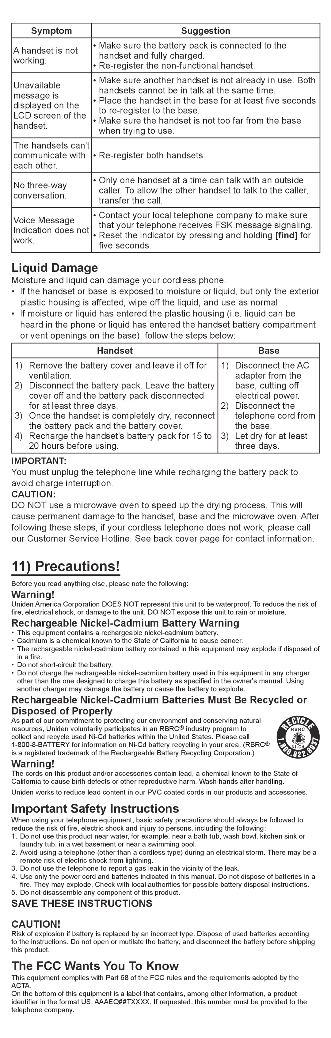 Uniden DXI4561, DXI4560 manual Precautions, Liquid Damage, Important Safety Instructions, FCC Wants You To Know 