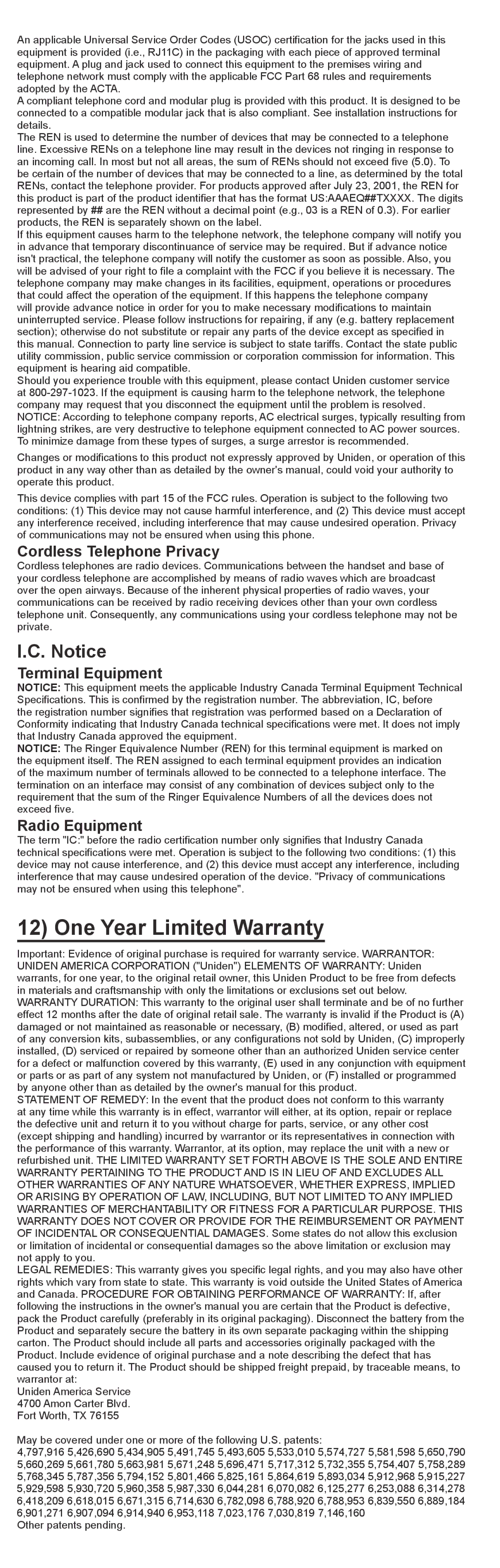 Uniden DXI4560, DXI4561 manual One Year Limited Warranty, Cordless Telephone Privacy, Terminal Equipment, Radio Equipment 