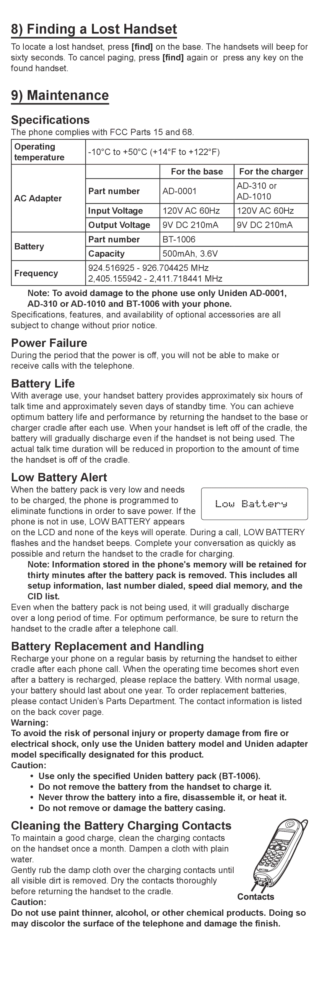 Uniden DXI4561, DXI4560 manual Finding a Lost Handset, Maintenance 