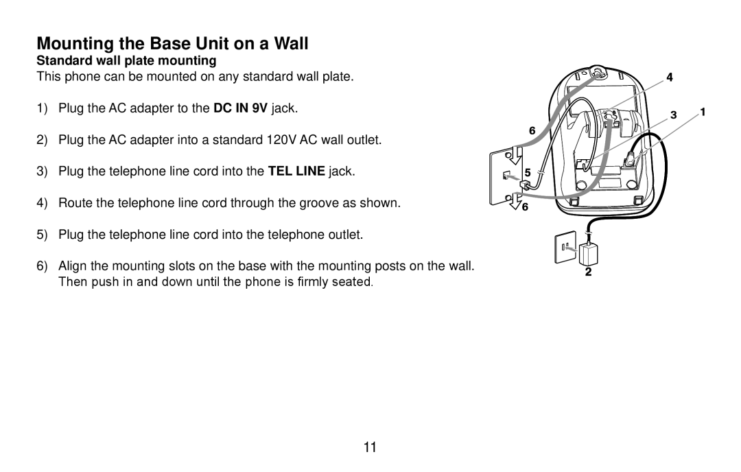 Uniden DXI4561 Series, DXI4560 Series manual Mounting the Base Unit on a Wall, Standard wall plate mounting 