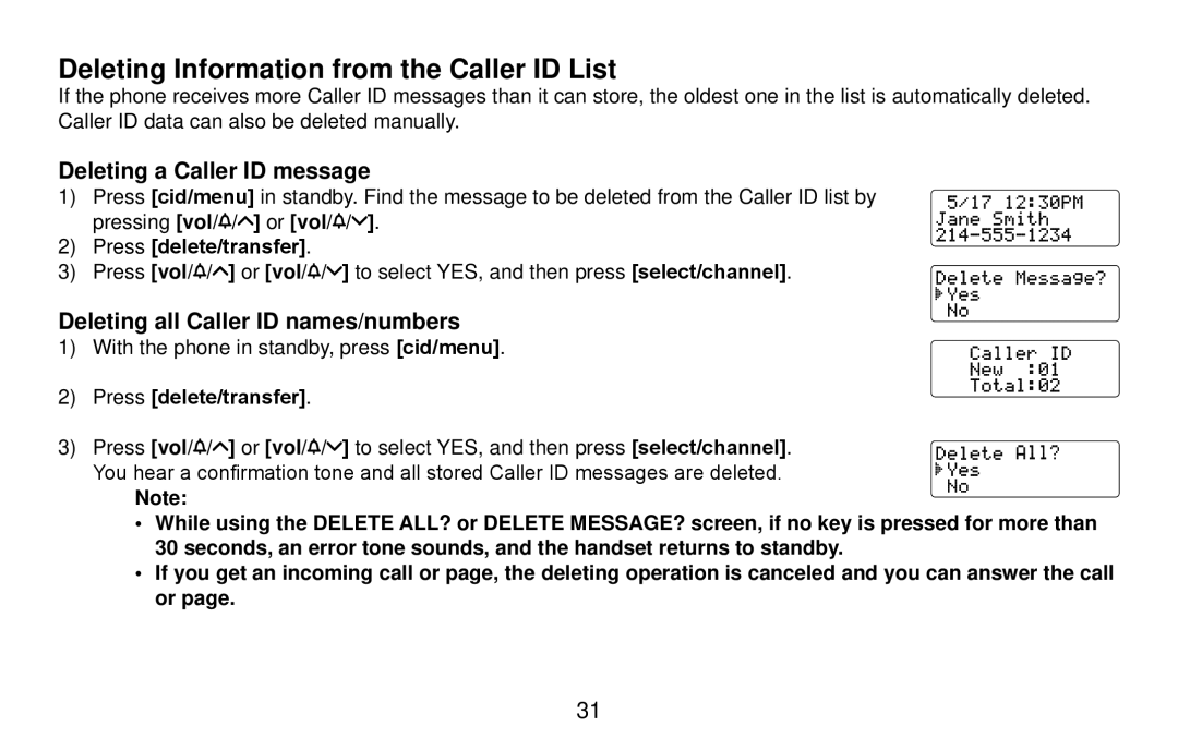 Uniden DXI4561 Series, DXI4560 Series manual Deleting Information from the Caller ID List, Deleting a Caller ID message 