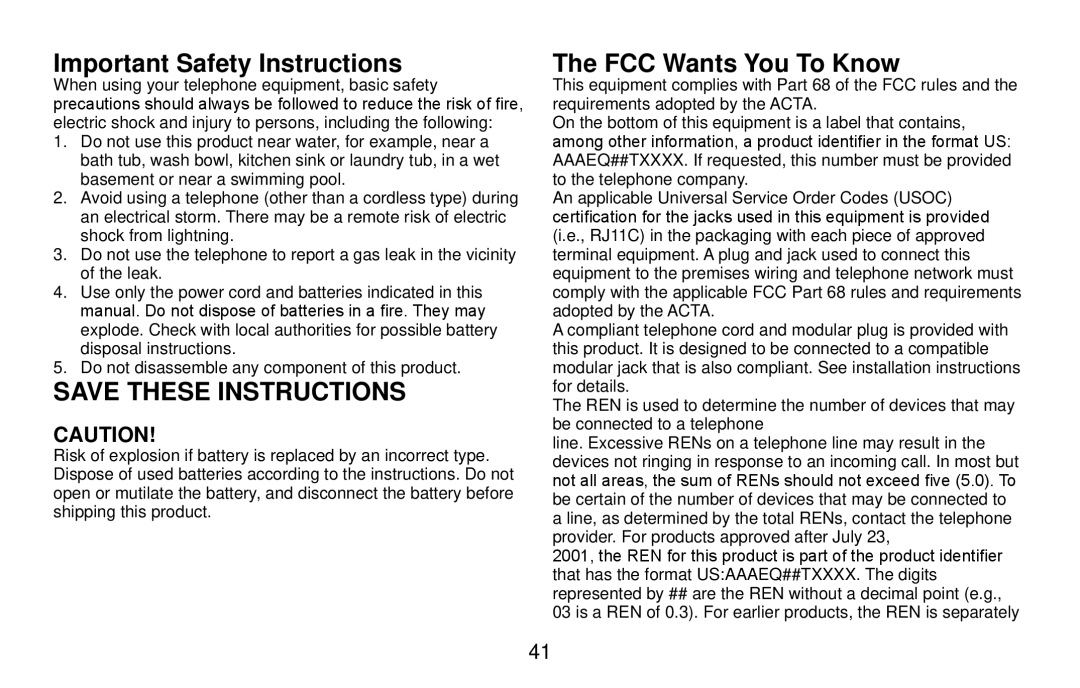 Uniden DXI4561 Series, DXI4560 Series, DXI4560 Series, DXI4561 Series Important Safety Instructions, FCC Wants You To Know 