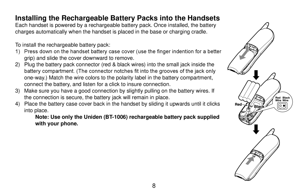 Uniden DXI4560 Series, DXI4561 Series manual Installing the Rechargeable Battery Packs into the Handsets 