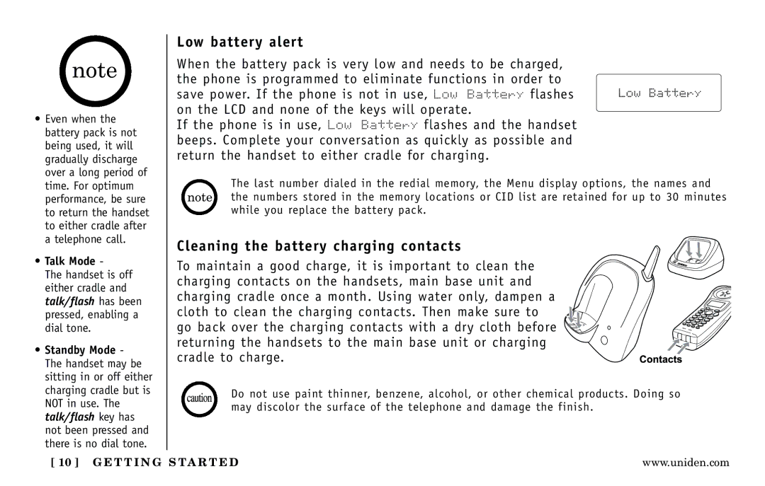 Uniden DXI5186-2 manual Low battery alert, Cleaning the battery charging contacts 