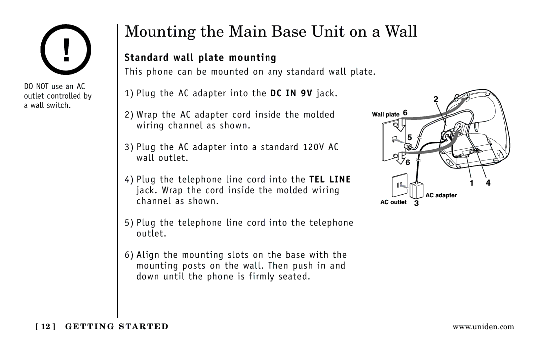 Uniden DXI5186-2 manual Mounting the Main Base Unit on a Wall, Standard wall plate mounting 