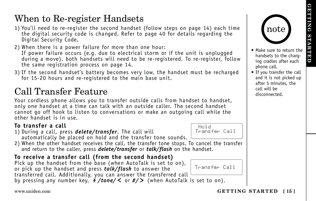 Uniden DXI5186-2 manual When to Re-register Handsets, Call Transfer Feature, To transfer a call 