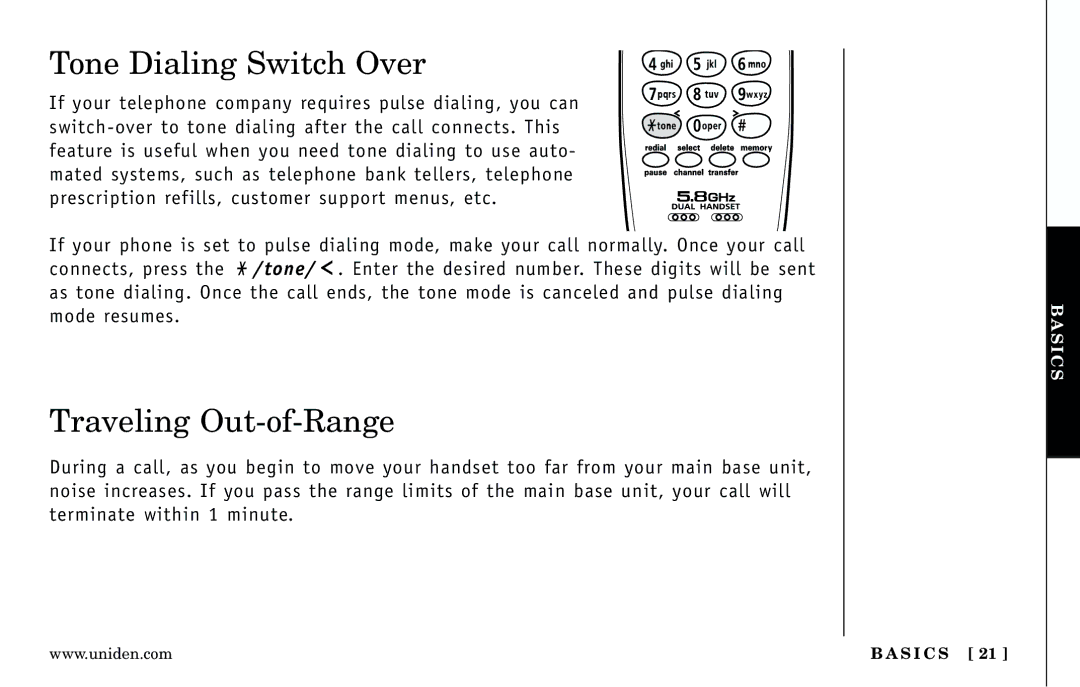 Uniden DXI5186-2 manual Tone Dialing Switch Over, Traveling Out-of-Range 