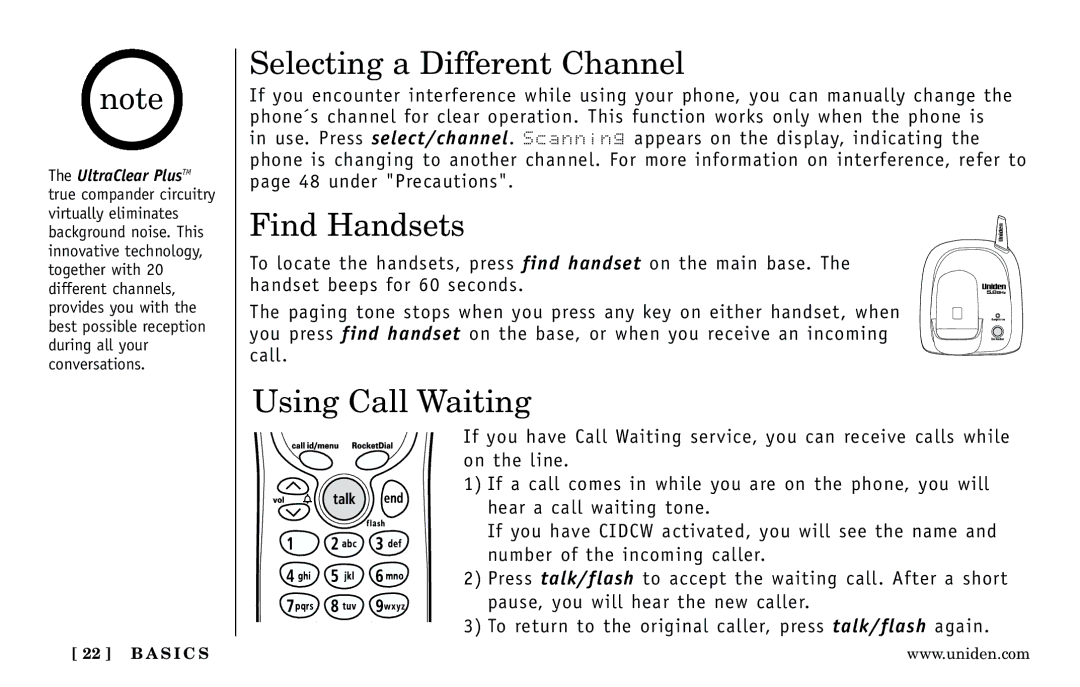 Uniden DXI5186-2 manual Selecting a Different Channel, Find Handsets, Using Call Waiting 