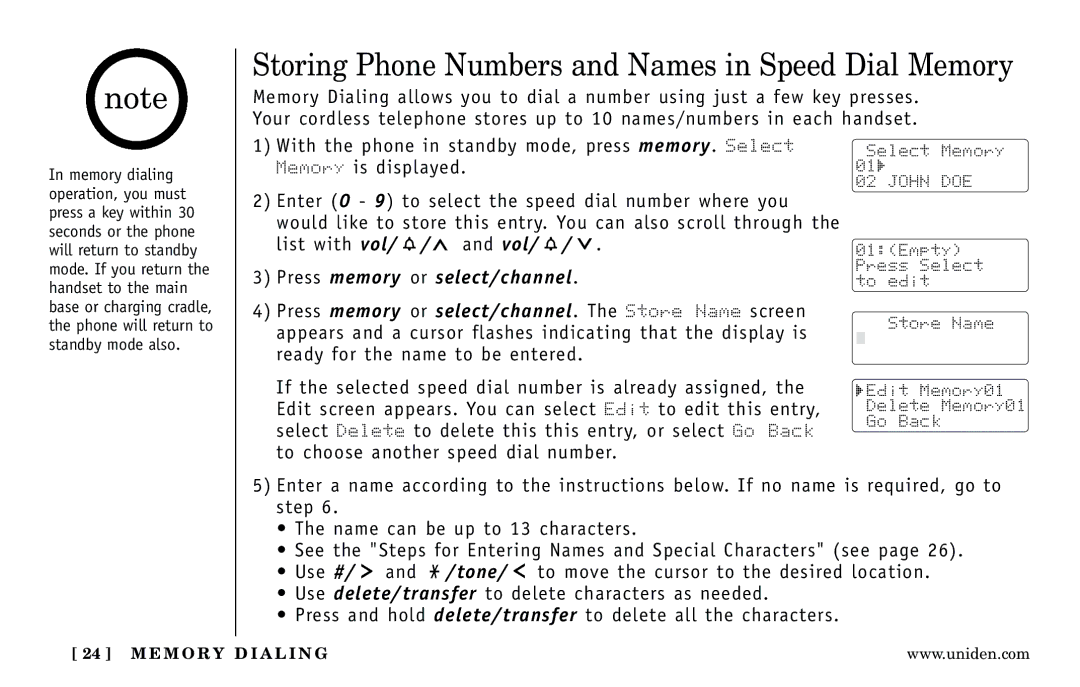 Uniden DXI5186-2 manual Storing Phone Numbers and Names in Speed Dial Memory, Vol, Press memory or select/channel 