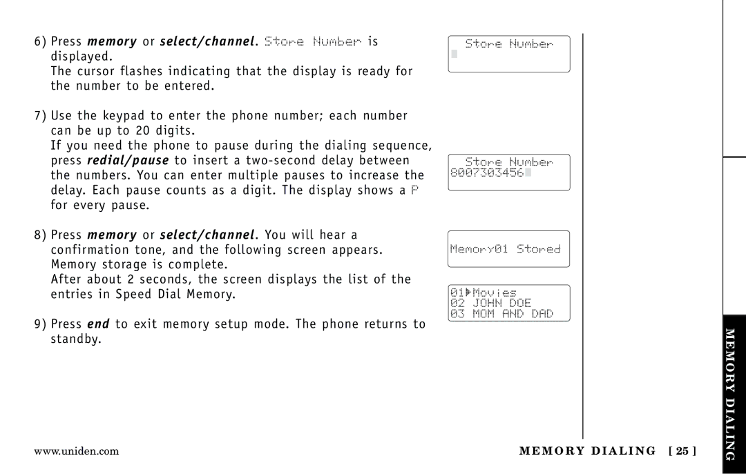 Uniden DXI5186-2 manual Press memory or select/channel. Store Number is displayed, Memory Dialing 