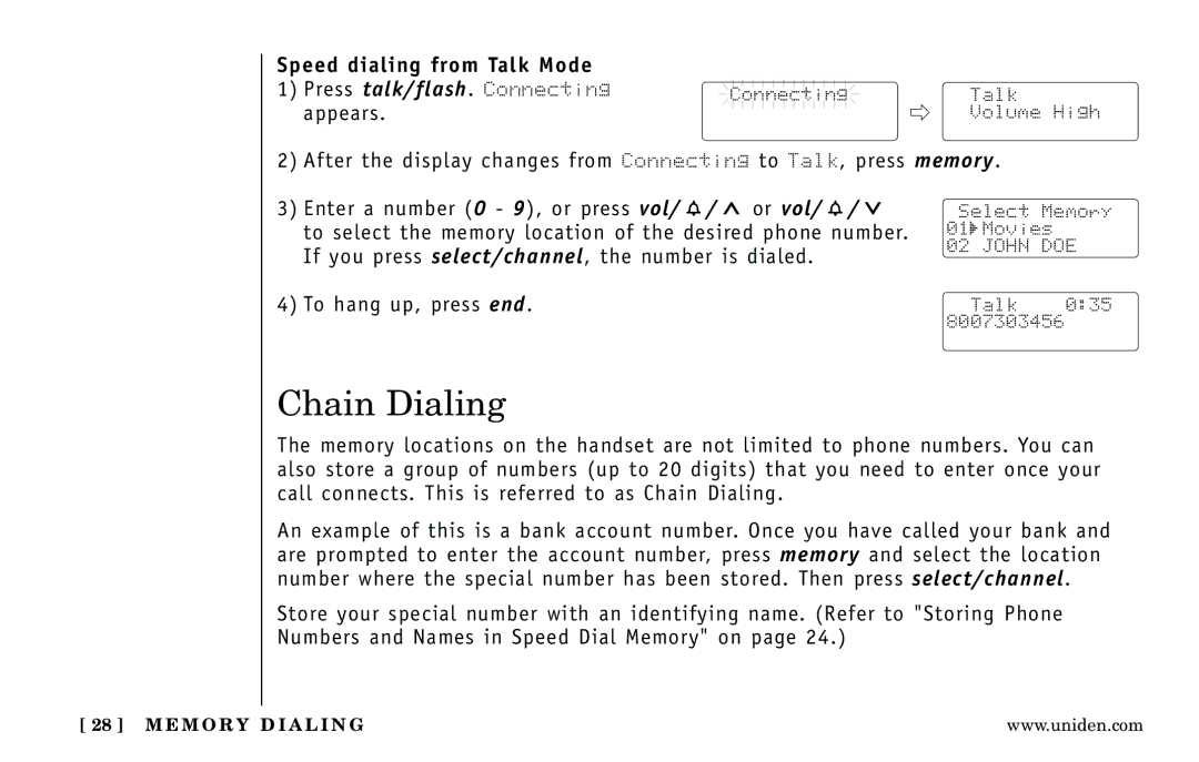 Uniden DXI5186-2 manual Chain Dialing, Speed dialing from Talk Mode 