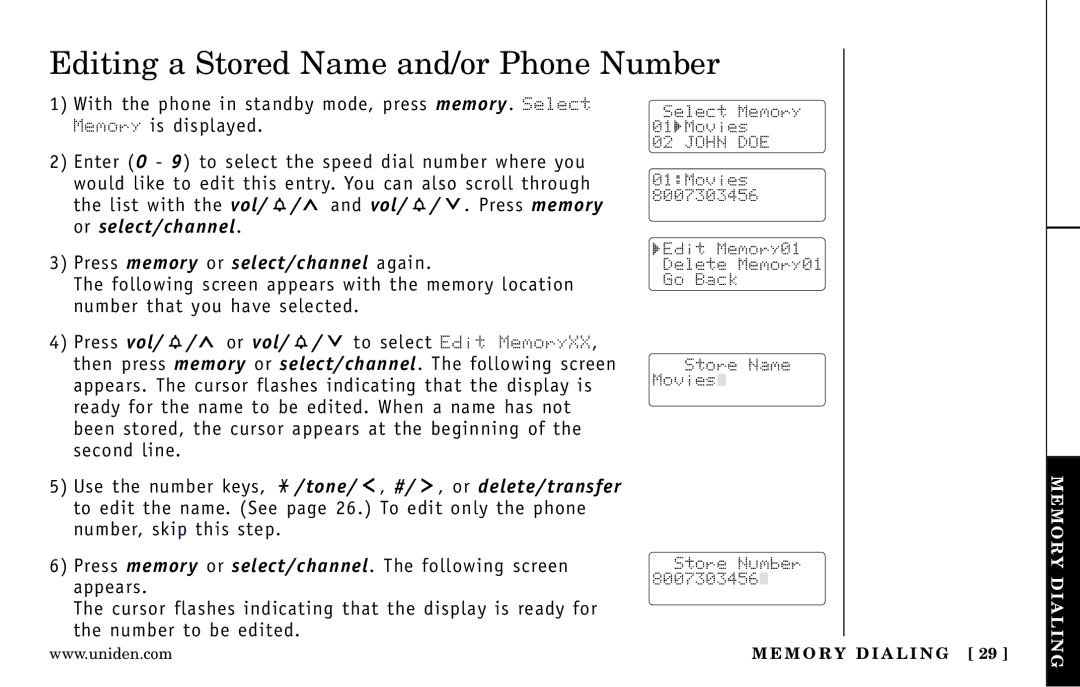 Uniden DXI5186-2 manual Editing a Stored Name and/or Phone Number, Press memory or select/channel again 