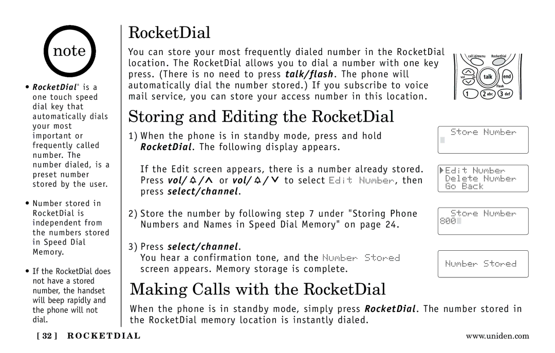 Uniden DXI5186-2 manual Storing and Editing the RocketDial, Making Calls with the RocketDial, Press select/channel 