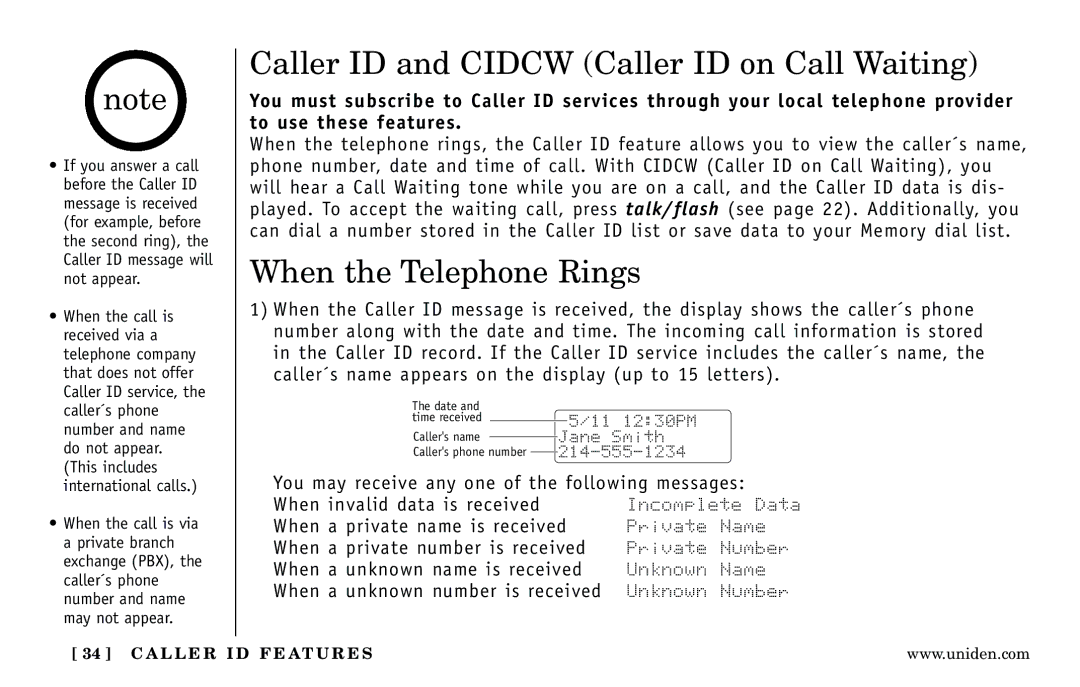 Uniden DXI5186-2 manual Caller ID and Cidcw Caller ID on Call Waiting, When the Telephone Rings 