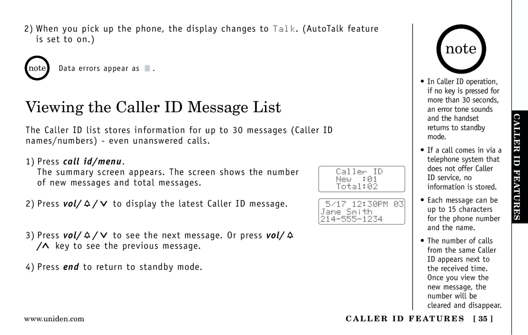 Uniden DXI5186-2 manual Viewing the Caller ID Message List, Press call id/menu 