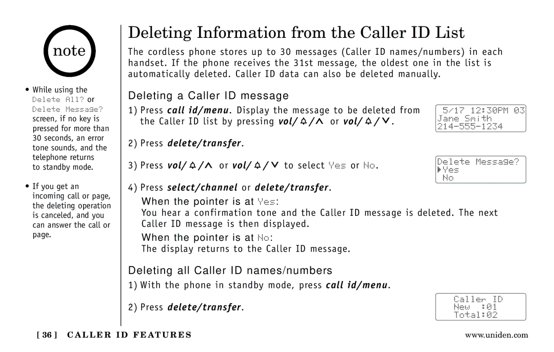 Uniden DXI5186-2 manual Deleting Information from the Caller ID List, Deleting a Caller ID message, Press delete/transfer 