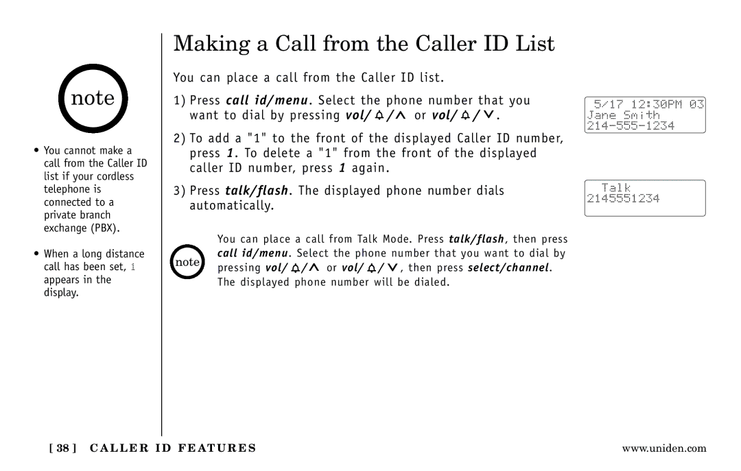 Uniden DXI5186-2 manual Making a Call from the Caller ID List 