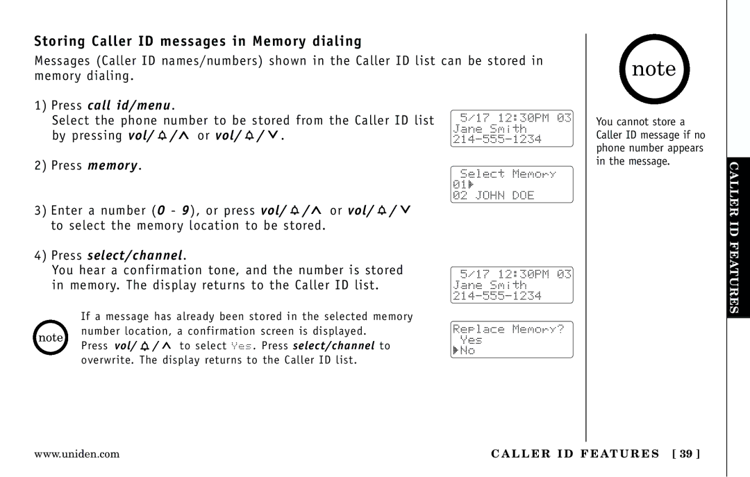 Uniden DXI5186-2 manual Storing Caller ID messages in Memory dialing, Press call id/menu 