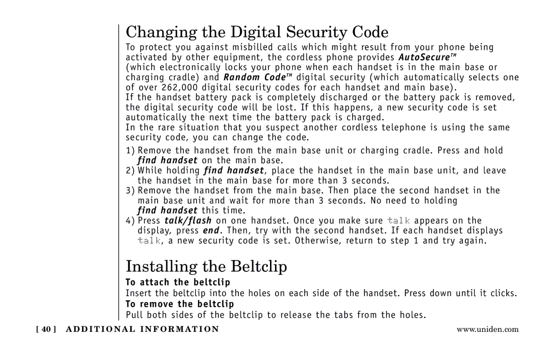 Uniden DXI5186-2 manual Changing the Digital Security Code, Installing the Beltclip, Find handset this time 