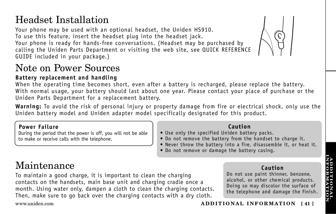 Uniden DXI5186-2 manual Headset Installation, Battery replacement and handling, Power Failure 