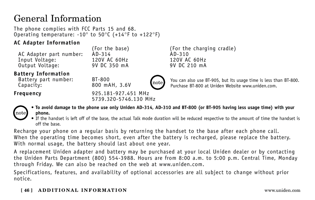 Uniden DXI5186-2 manual General Information, AC Adapter Information, Battery Information, Frequency 