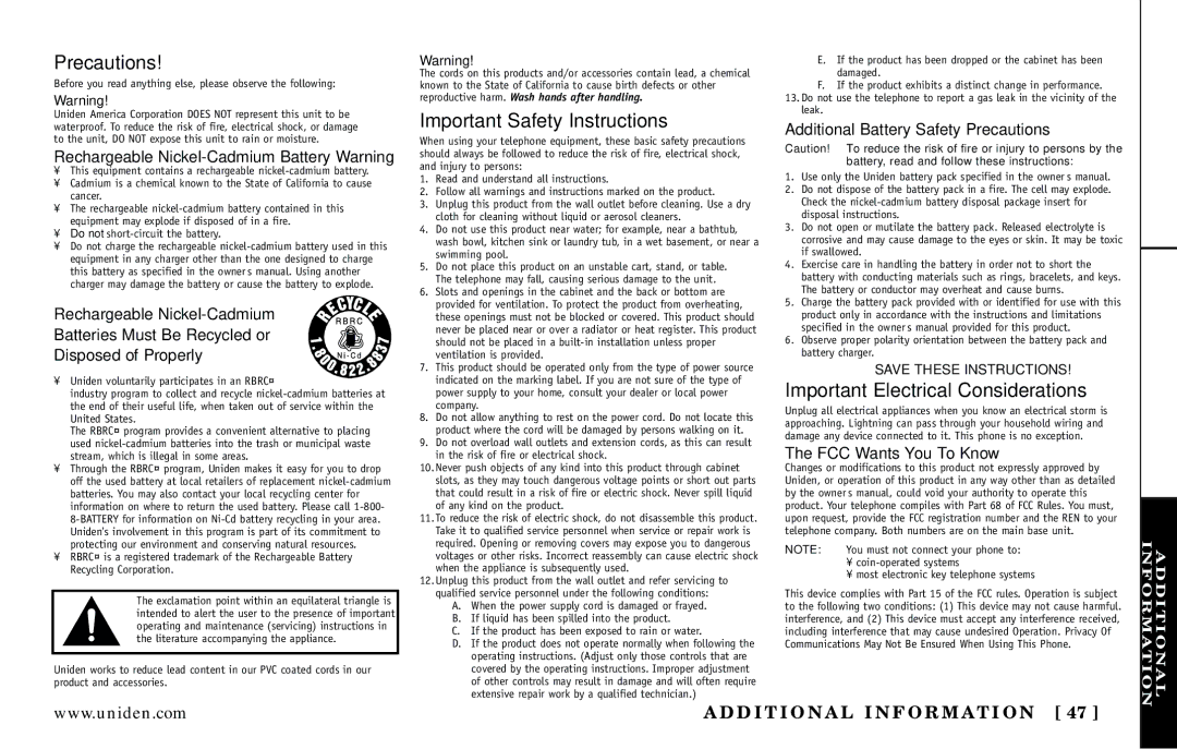 Uniden DXI5186-2 manual Precautions 