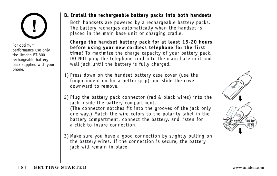 Uniden DXI5186-2 manual Install the rechargeable battery packs into both handsets 