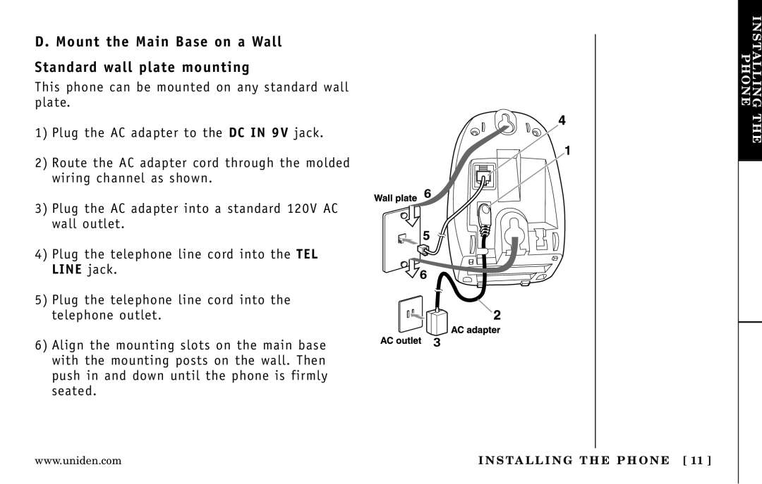 Uniden DXI5586-2 manual Mount the Main Base on a Wall Standard wall plate mounting 