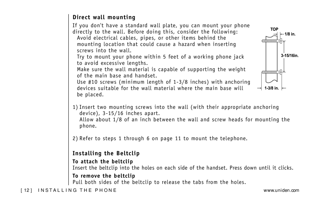 Uniden DXI5586-2 manual Direct wall mounting, Installing the Beltclip, To attach the beltclip, To remove the beltclip 