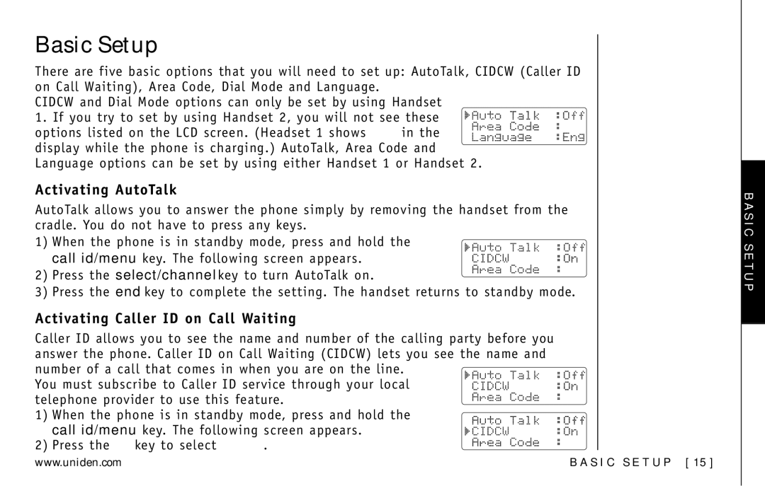 Uniden DXI5586-2 manual Basic Setup, Activating AutoTalk, Activating Caller ID on Call Waiting 