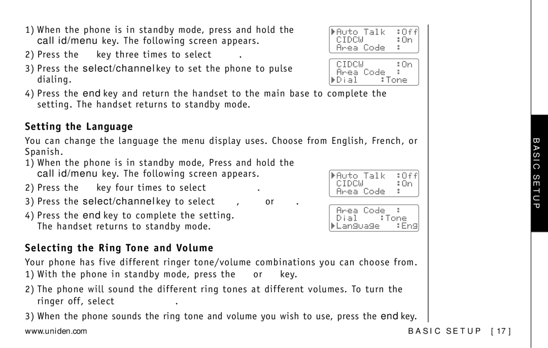 Uniden DXI5586-2 manual Setting the Language, Selecting the Ring Tone and Volume 