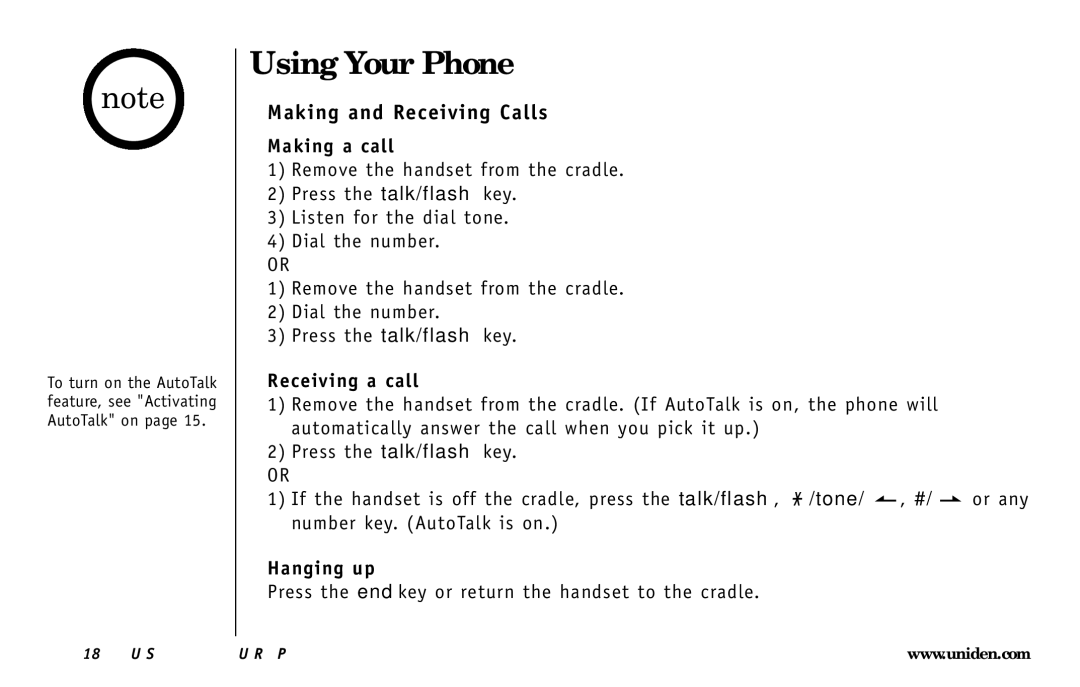 Uniden DXI5586-2 manual Using Your Phone, Making and Receiving Calls, Making a call, Receiving a call, Hanging up 