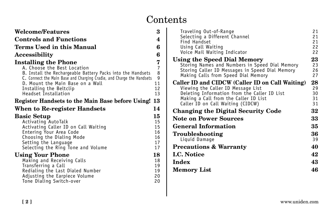 Uniden DXI5586-2 manual Contents 