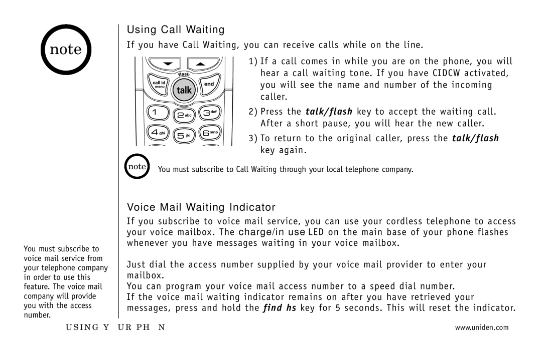 Uniden DXI5586-2 manual Using Call Waiting, Voice Mail Waiting Indicator 