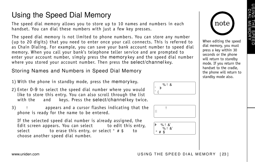 Uniden DXI5586-2 manual Using the Speed Dial Memory, Storing Names and Numbers in Speed Dial Memory 