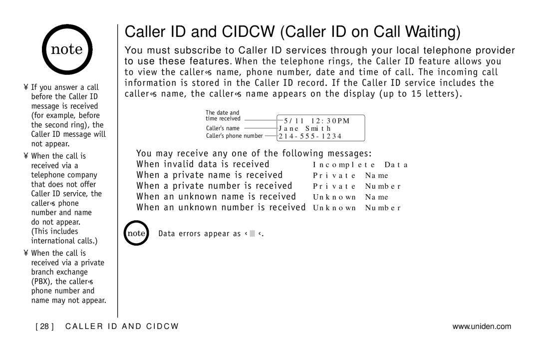 Uniden DXI5586-2 manual Caller ID and Cidcw Caller ID on Call Waiting 