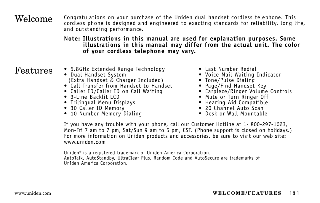 Uniden DXI5586-2 manual Welcome Features 