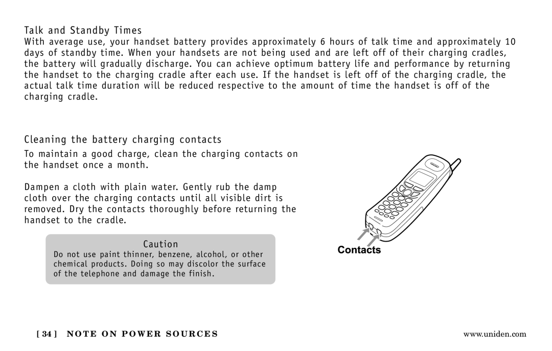 Uniden DXI5586-2 manual Talk and Standby Times, Cleaning the battery charging contacts 